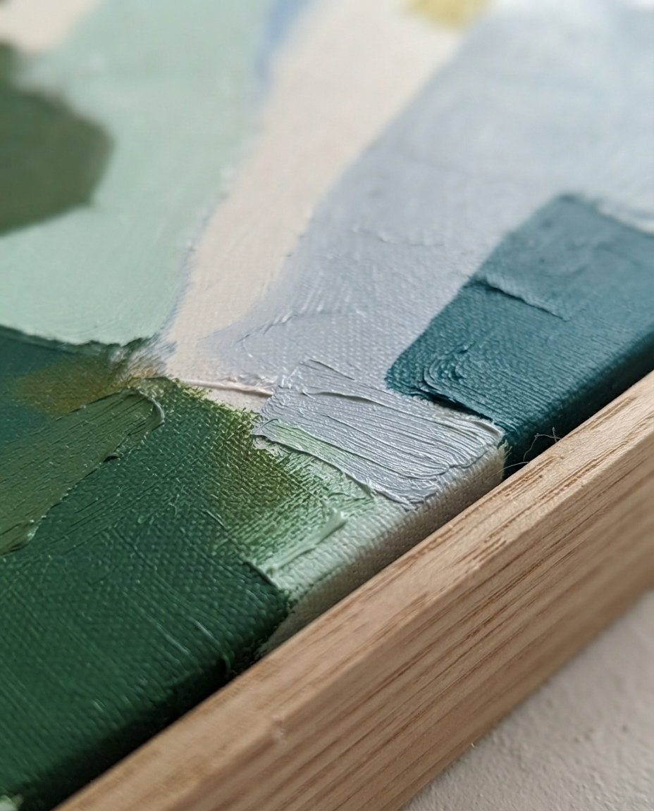 Close-up detail of an Large Sage Green and Blue Minimalist Abstract Canvas Painting by Noho Art Gallery showing textured brushstrokes in green, teal, pale blue, and off-white, with a natural wood frame edge visible.