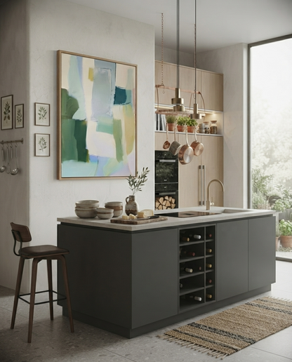 A modern kitchen interior with a dark gray island, white countertop, pendant lights, a bar stool, framed Large Sage Green and Blue Minimalist Abstract Canvas Painting by Noho Art Gallery and a large window looking out onto greenery.