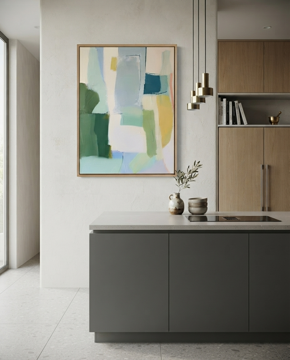 An Large Sage Green and Blue Minimalist Abstract Canvas Painting By Noho Art Galery with shades of green, blue, yellow, and white, framed in light wood and hung on a textured off-white wall above a modern kitchen island.