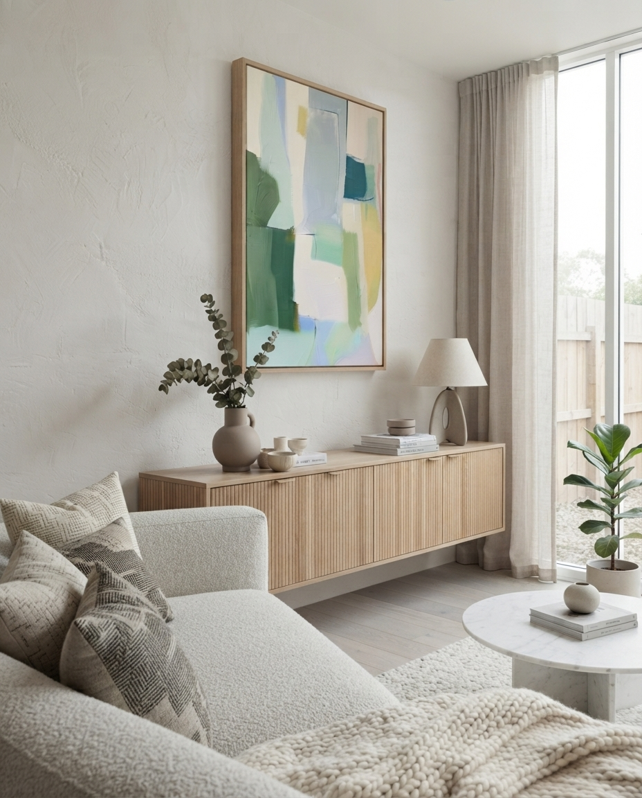 A modern living room scene featuring a light wood floating sideboard with a framed Large Sage Green and Blue Minimalist Abstract Canvas Painting by Noho Art Gallery above it, a white sofa with textured pillows, a round white coffee table, and a large window with sheer curtains.