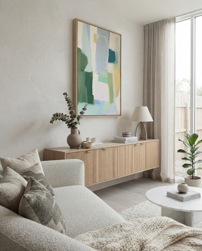 A modern living room scene featuring a light wood floating sideboard with a framed Large Sage Green and Blue Minimalist Abstract Canvas Painting by Noho Art Gallery above it, a white sofa with textured pillows, a round white coffee table, and a large window with sheer curtains.