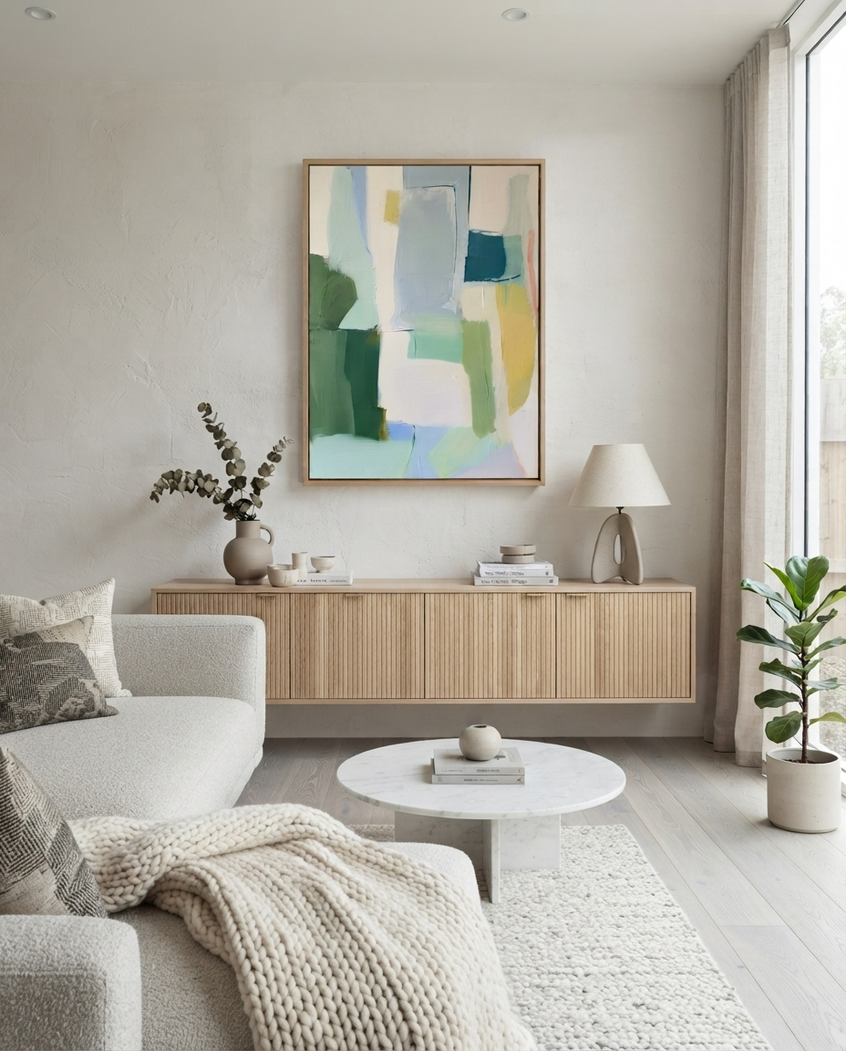 An Large Sage Green and Blue Minimalist Abstract Canvas Painting by Noho Art Gallery in a light wood frame, displayed on a beige wall above a modern wooden credenza in a bright, contemporary living room.