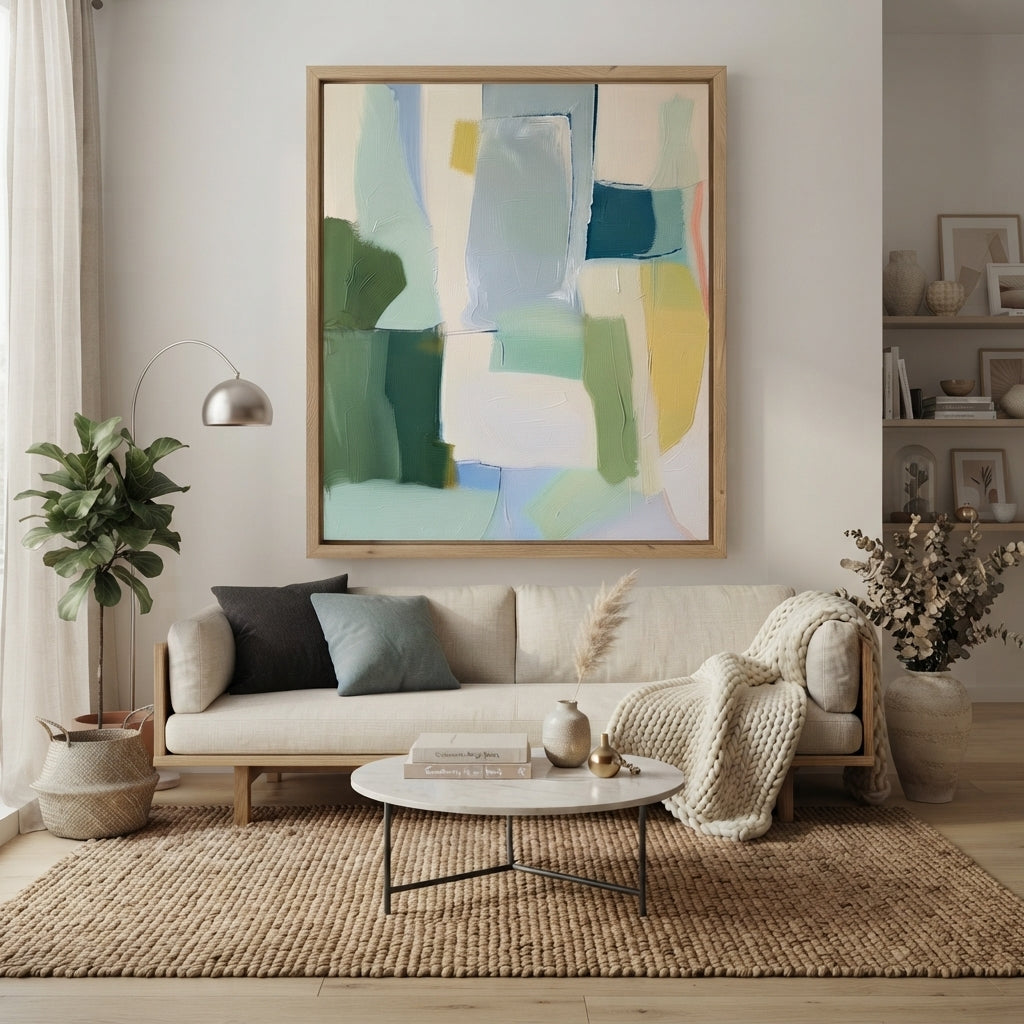 A large framed Large Sage Green and Blue Minimalist Abstract Canvas Painting by Noho Art Gallery with soft blue, green, yellow, and white brushstrokes hangs on a light gray wall above a beige sofa in a styled living room.