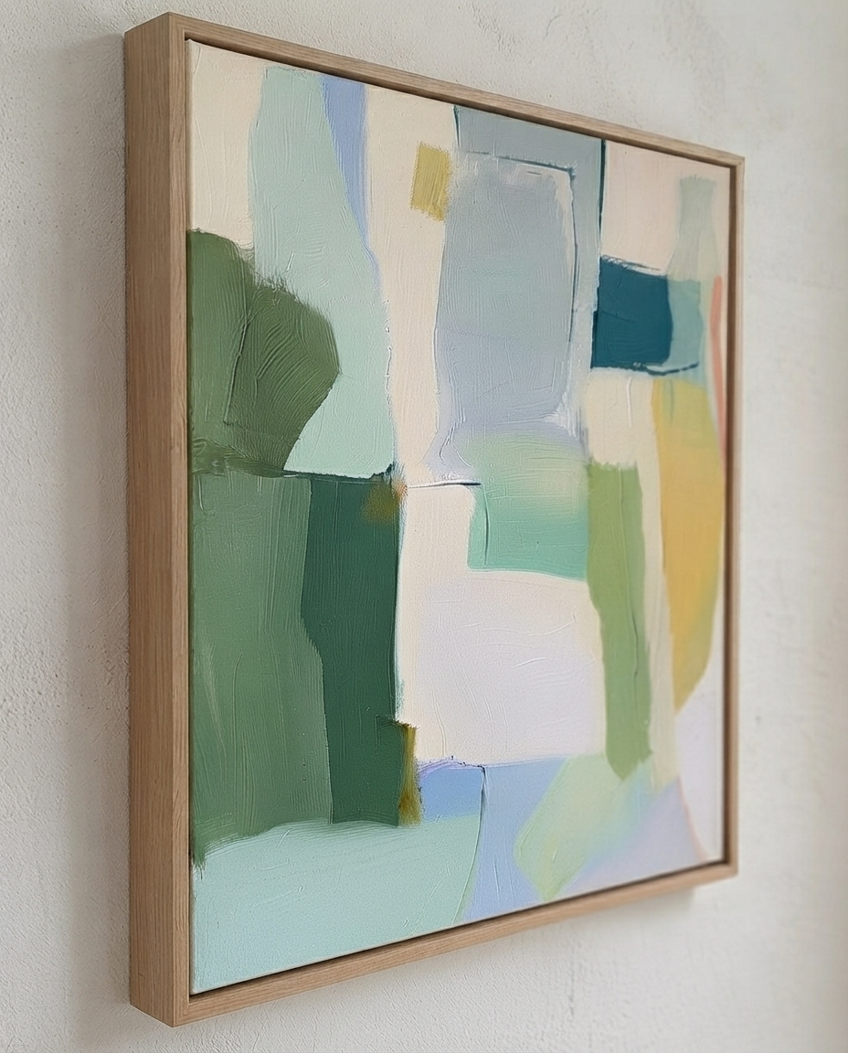 Framed Large Sage Green and Blue Minimalist Abstract Canvas Painting by Noho Art Gallery hanging on a textured white wall, featuring soft blocks of green, blue, teal, cream, and pale yellow paint with a light natural wood framed