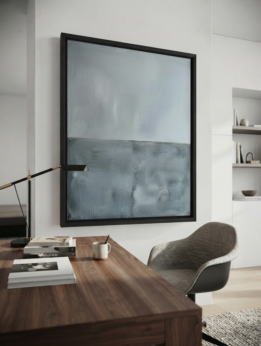 Large abstract art  with neutral blue gray textured finish by Noho Art Gallery on a white wall above a wooden desk in a modern home office setting.