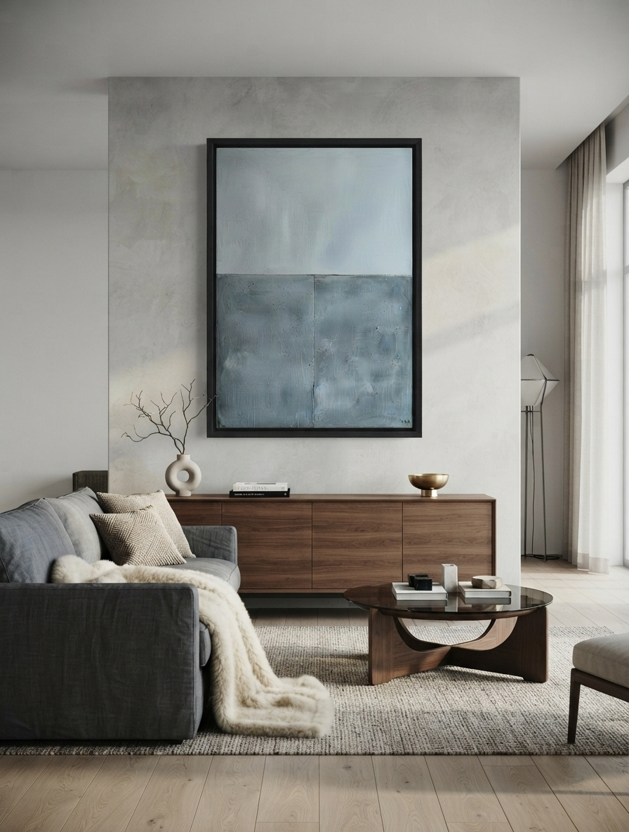 Framed minimalist blue abstract canvas art with thick texture by Noho Art Gallery on a textured light gray wall above a wooden sideboard in a modern living room setting.