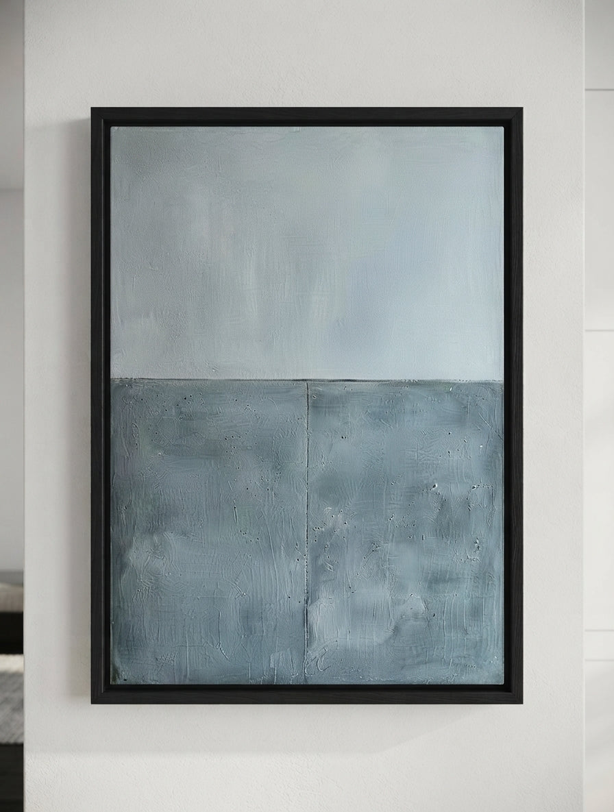 Blue gray textured canvas painting online for luxury modern wall decor by Noho Art Gallery featuring a textured, two-tone blue and gray design, hung on a clean white wall.