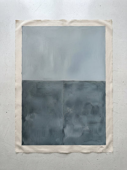 An Premium blue gray textured abstract wall art for living room décor by Noho Art Gallery on textured off-white paper with a wide cream border, featuring a light gray upper half and a dark charcoal-gray lower half, displayed against a neutral light gray wall.