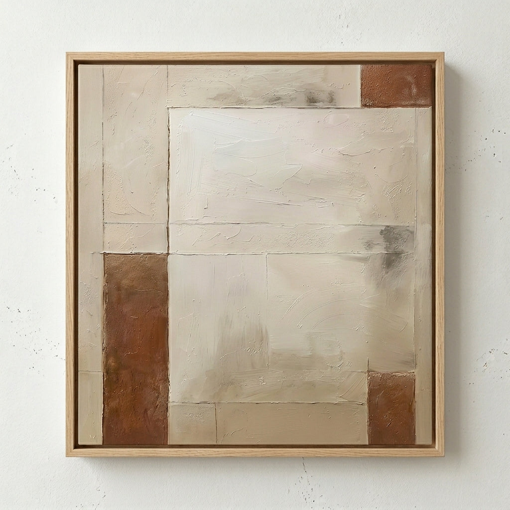 A square framed Minimalist Beige and Brown Textured Canvas by Noho Art Gallery with a light wood frame, featuring textured blocks of cream, beige, and earthy brown on a white wall.