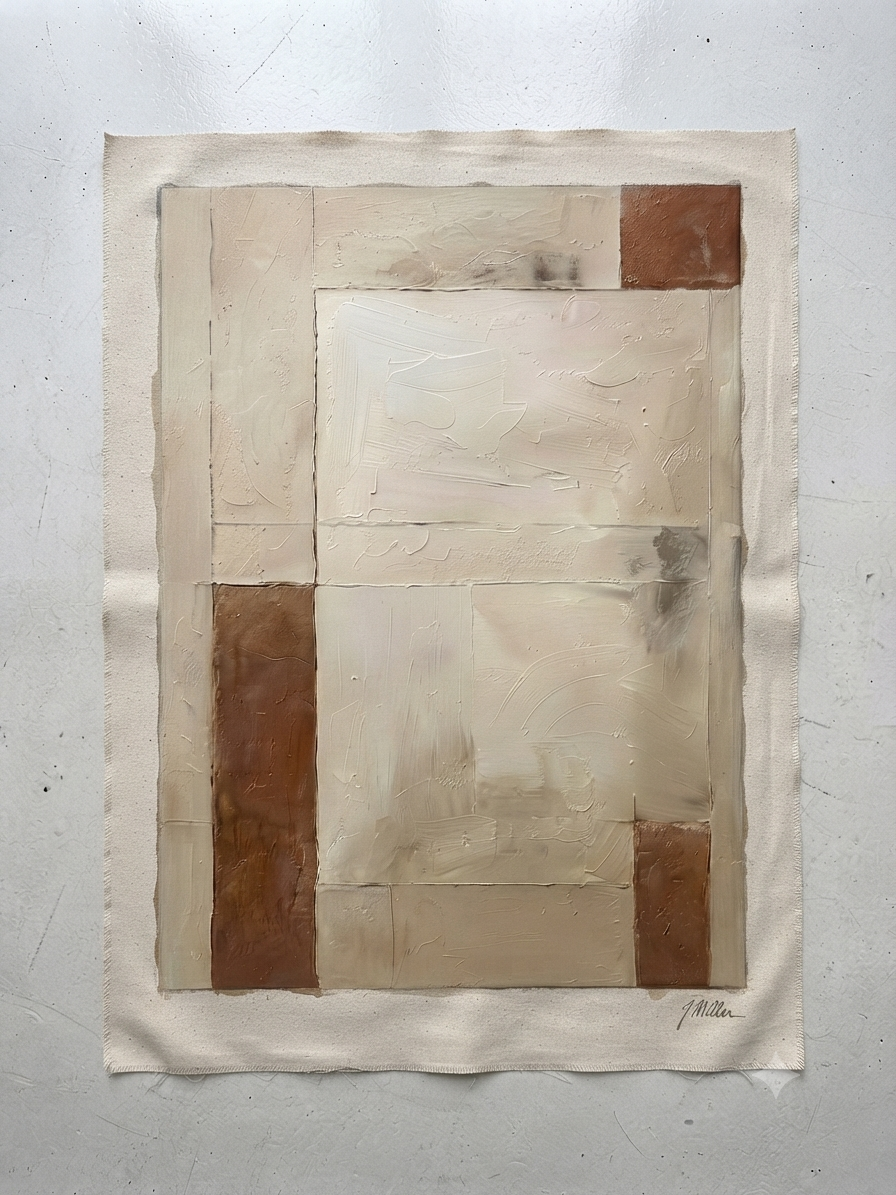 An abstract Minimalist Beige and Brown Textured Canvas by Noho Art Gallery on textured beige and cream paper with brown blocks and rectangular shapes, displayed flat against a light gray background.