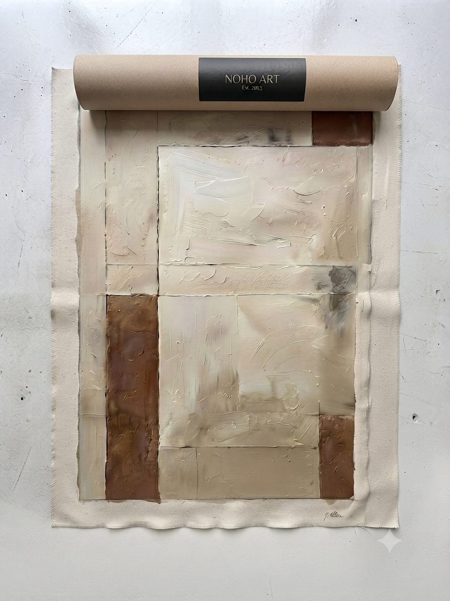An abstract Minimalist Beige and Brown Textured Canvas by Noho Art Gallery on a square sheet of textured paper, featuring cream, beige, and brown blocks with a rolled beige paper header at the top labeled 'NOHO ART'.