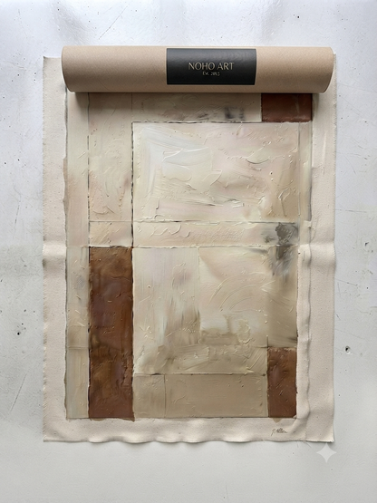 An abstract Minimalist Beige and Brown Textured Canvas by Noho Art Gallery on a square sheet of textured paper, featuring cream, beige, and brown blocks with a rolled beige paper header at the top labeled 'NOHO ART'.