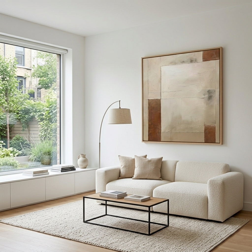 Minimalist Beige and Brown Textured Canvas by Noho Art Gallery on a minimalist modern living rom decor.