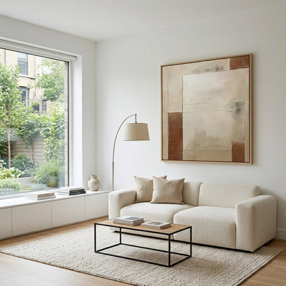 Minimalist Beige and Brown Textured Canvas by Noho Art Gallery on a minimalist modern living rom decor.