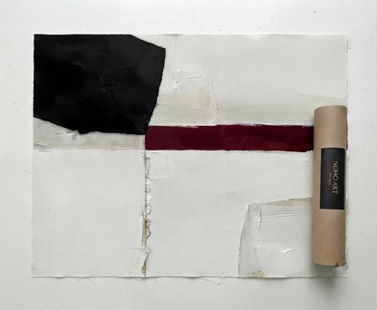 Minimalist black and white abstract canvas with red accent, original black white and crimson abstract painting for luxury interiors by Noho Art Gallery