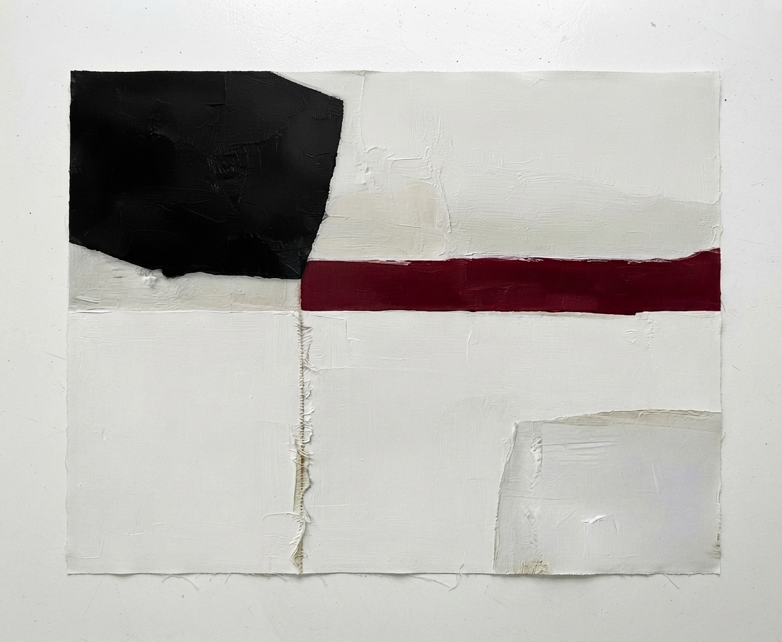 An abstract Minimalist black and white abstract canvas with red accent, contemporary minimalist wall art for modern living room by Noho Art Gallery