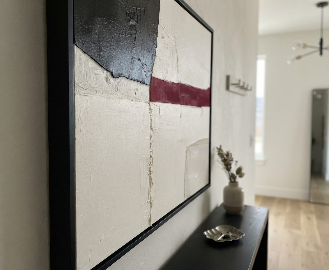Large Minimalist black and white abstract canvas with red accent, textured canvas painting for living room by Noho Art Gallery with textured off-white, black, and muted red brushstrokes, displayed in a modern interior above a dark console table.