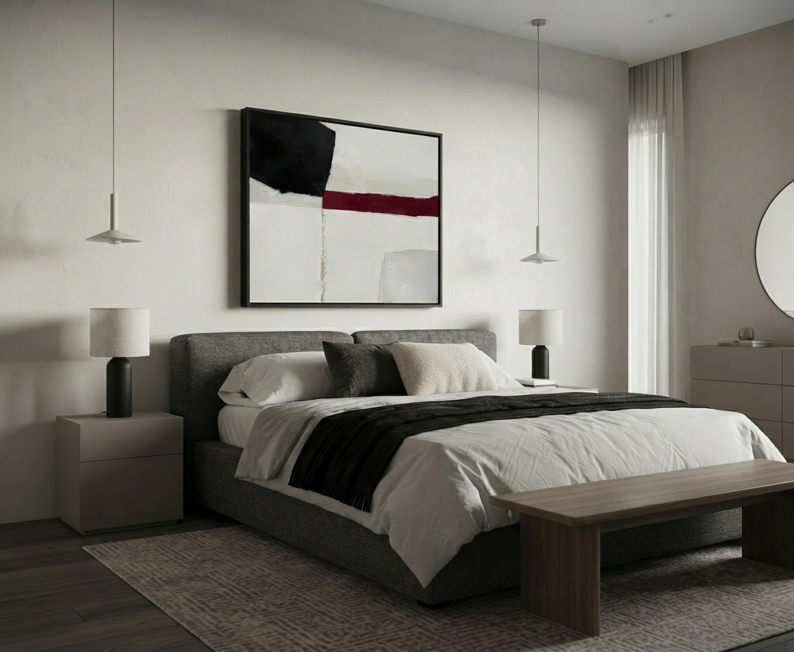A modern bedroom featuring a gray upholstered bed with white bedding, a black throw blanket, a wooden bench at the foot, matching nightstands with table lamps, andMinimalist black and white abstract canvas with red accent, original abstract canvas for sale by Noho Art Gallery above the headboard.