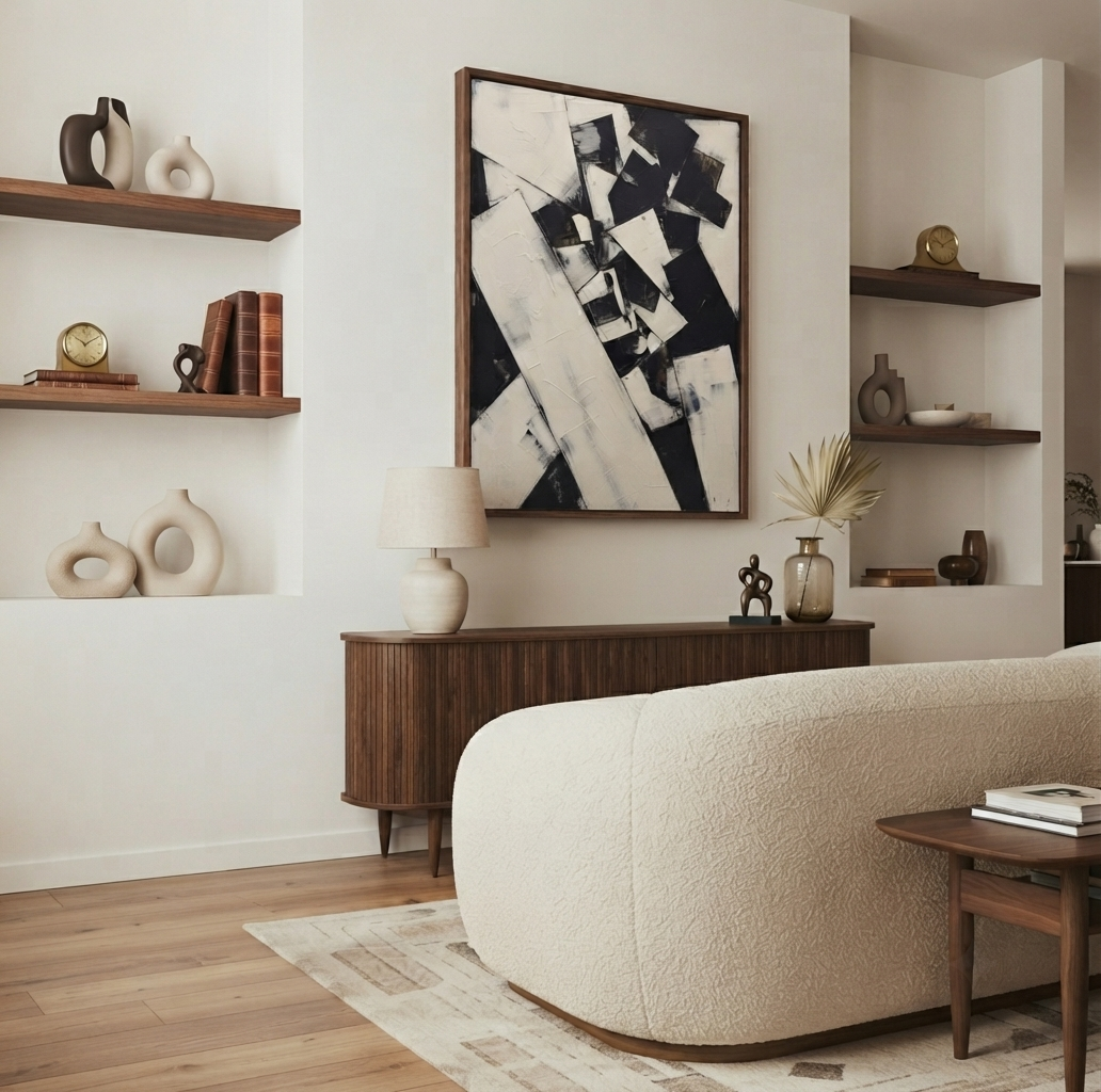 Framed Original Black and White Abstract Painting with textured monochrome design for modern interiors by Noho Art Gallery, hangs above a dark wood console in a modern living room setting with a cream bouclé sofa and built-in wooden shelves.