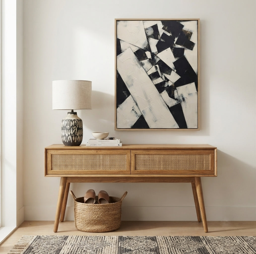 A mid-century modern wooden console table with woven cane panels, styled in a bright entryway with a lamp, books, a basket, and a Custom black and white statement piece painting for luxury interiors by Noho Art Gallery on the wall.