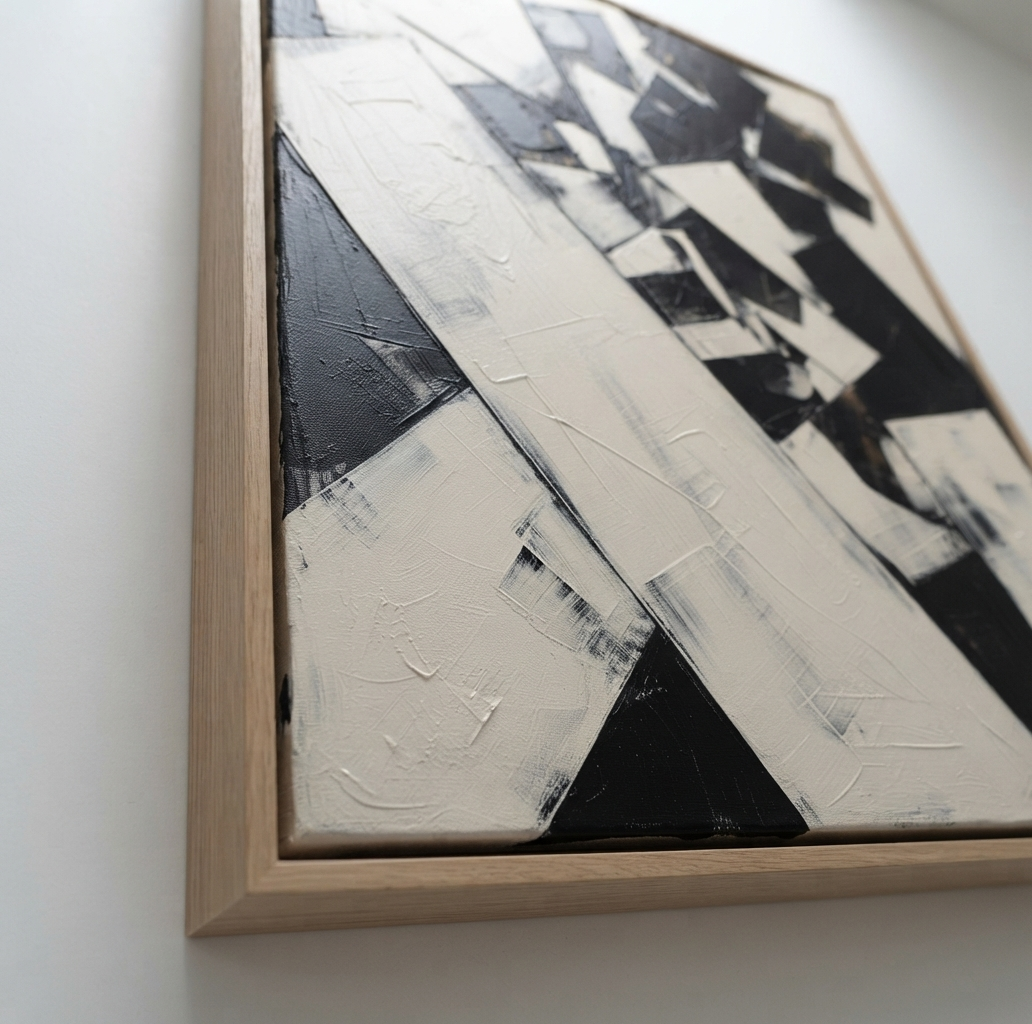 Framed Original black and white block abstract painting with contemporary minimalist design by Noho Art Gallery with thick black and off-white brushstrokes inside a light natural wood frame, photographed against a plain white wall.