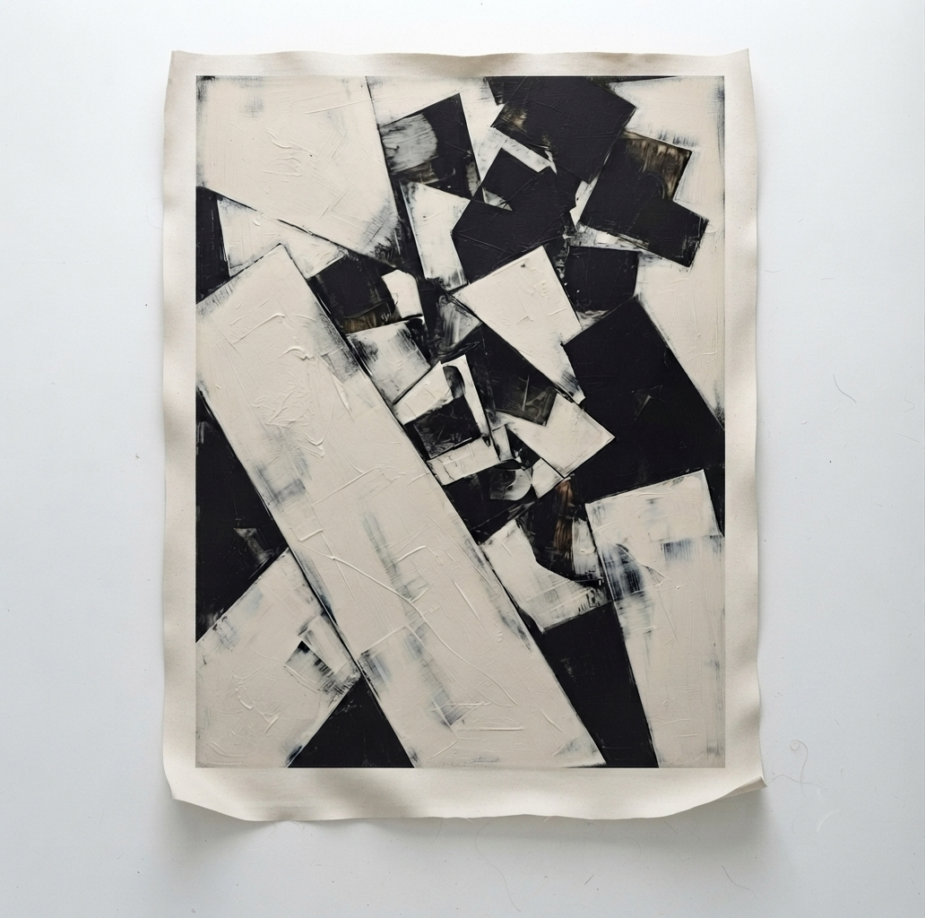An Modern black and white abstract canvas artwork for upscale residential interiors by Noho Art Gallery featuring bold black and off-white textured blocks, presented on a white canvas with a wide cream border, photographed from directly above on a white surface.
