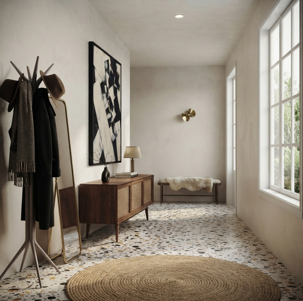 A styled interior hallway with a wooden coat rack holding a black coat and hat, a tall floor mirror, a Large black and white textured abstract painting designed as a statement piece by Noho Art Gallery, a mid-century sideboard with a lamp, a bench with a cream throw, and a large round woven rug on a speckled tile floor.