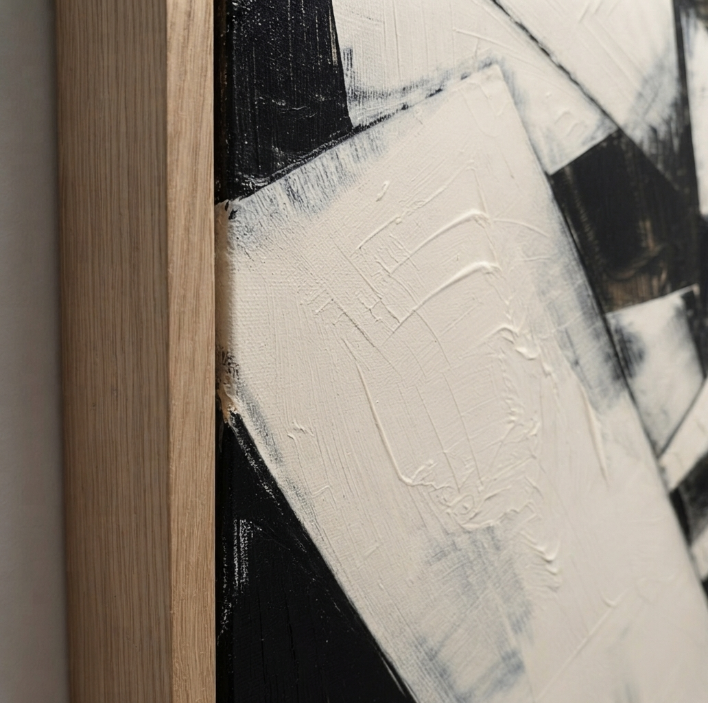 Close-up detail of a framed  showing thick black and off-white brushstrokes with a light natural wood frame.Large minimalist painting for entryway décor with elegant monochrome tones by Noho Art Gallery