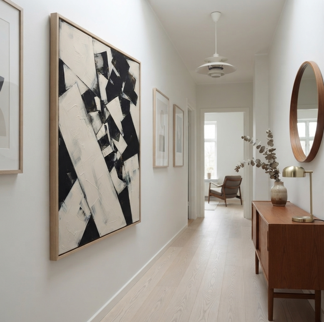 A long hallway with light wood floors and white walls, featuring a large framed Architectural abstract black and white painting with clean modern lines by Noho Art Gallery on the left wall. Further down the hall is a wooden console table with a round mirror, brass lamp, and vase with dried branches.