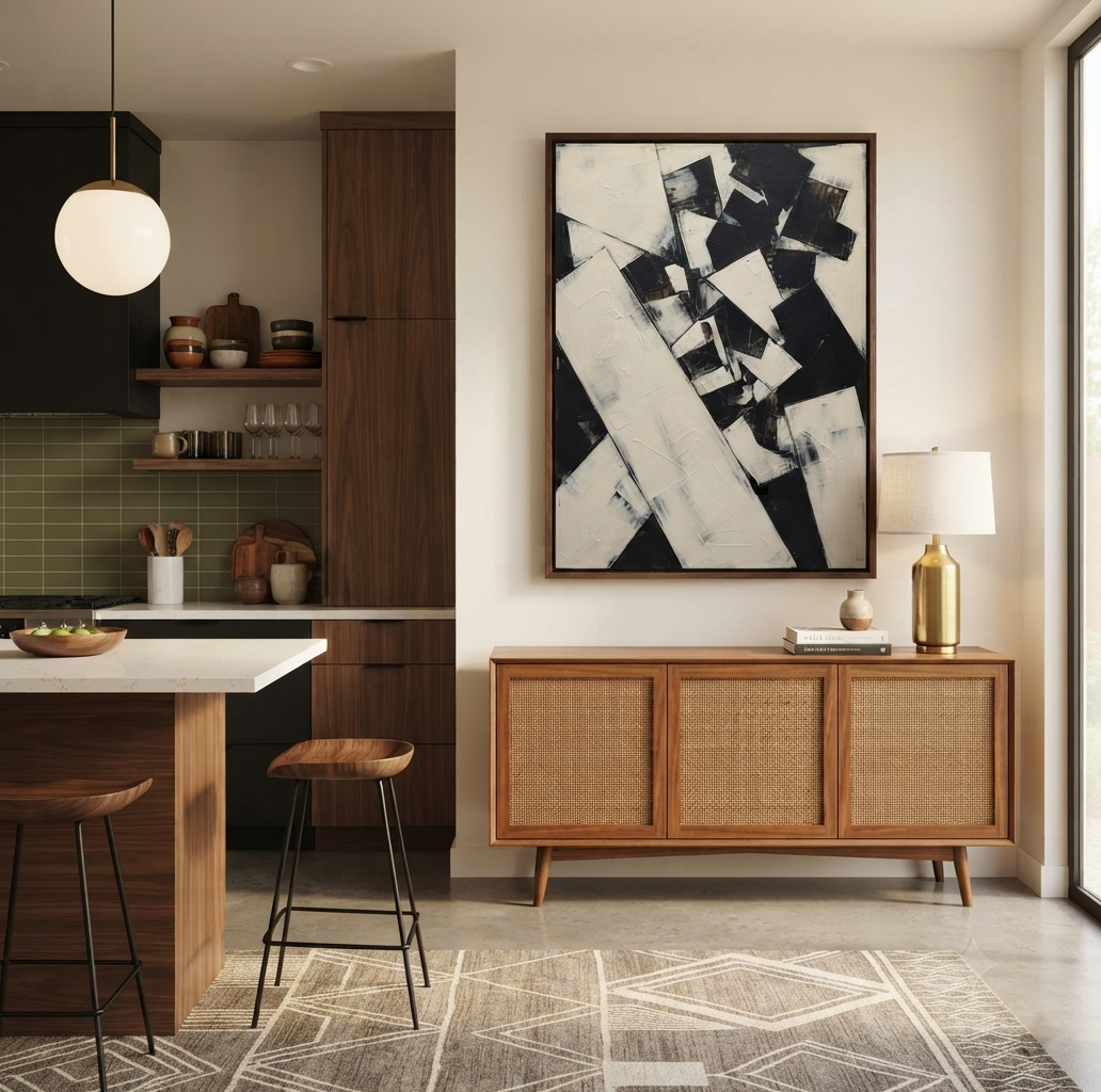 A modern interior scene with a large framed Original abstract expressionist artwork with black and white acrylic textures by Noho Art Gallery hanging above a wooden sideboard. The room includes a kitchen area, pendant light, lamp, rug, and bar stools, with no people or animals present.