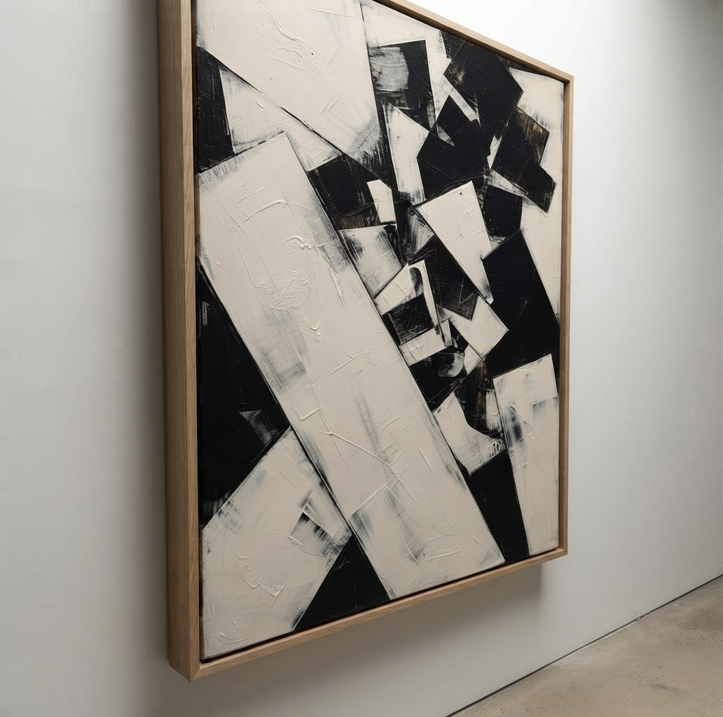 A large Original black and white abstract painting with expressive acrylic brushstrokes by Noho Art Gallery with bold black and off-white geometric blocks, hung on a light gray gallery wall.