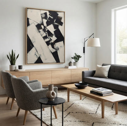 A modern living room featuring a large Large original black and white abstract painting with rich texture and contemporary style by Noho Art Gallery in a light wood frame, hung on a white wall above a light wood sideboard. The room is styled with gray armchairs, a dark gray sofa, a wooden coffee table, a white patterned rug, and minimalist decor.