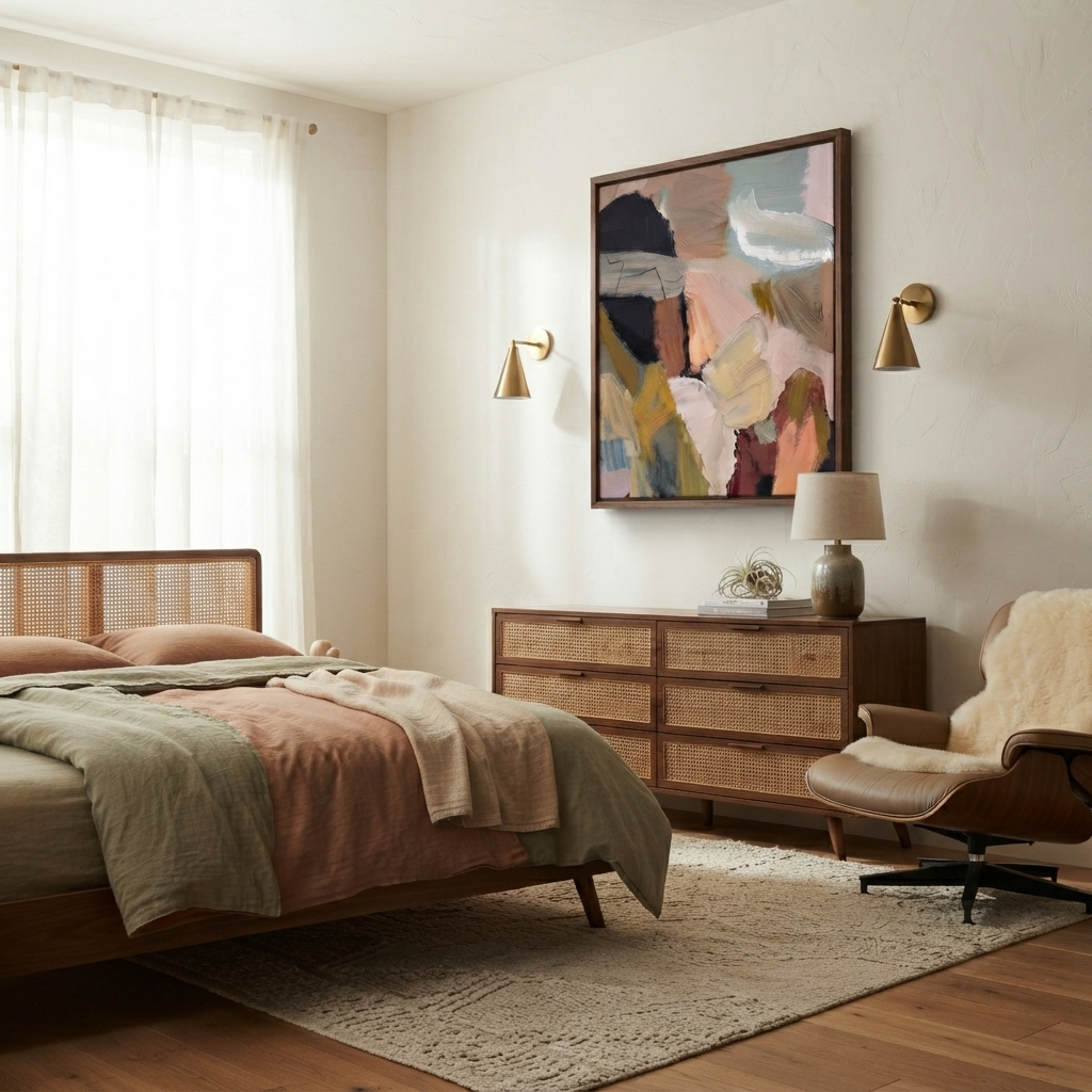 A styled bedroom interior featuring a wooden bed with woven cane panels, a matching wooden dresser, a beige lounge chair, and a large framed  original abstract oil painting, contemporary minimalist oil painting, hand-painted textured abstract canvas by Noho Art Gallery.