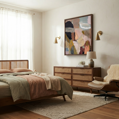A styled bedroom interior featuring a wooden bed with woven cane panels, a matching wooden dresser, a beige lounge chair, and a large framed  original abstract oil painting, contemporary minimalist oil painting, hand-painted textured abstract canvas by Noho Art Gallery.