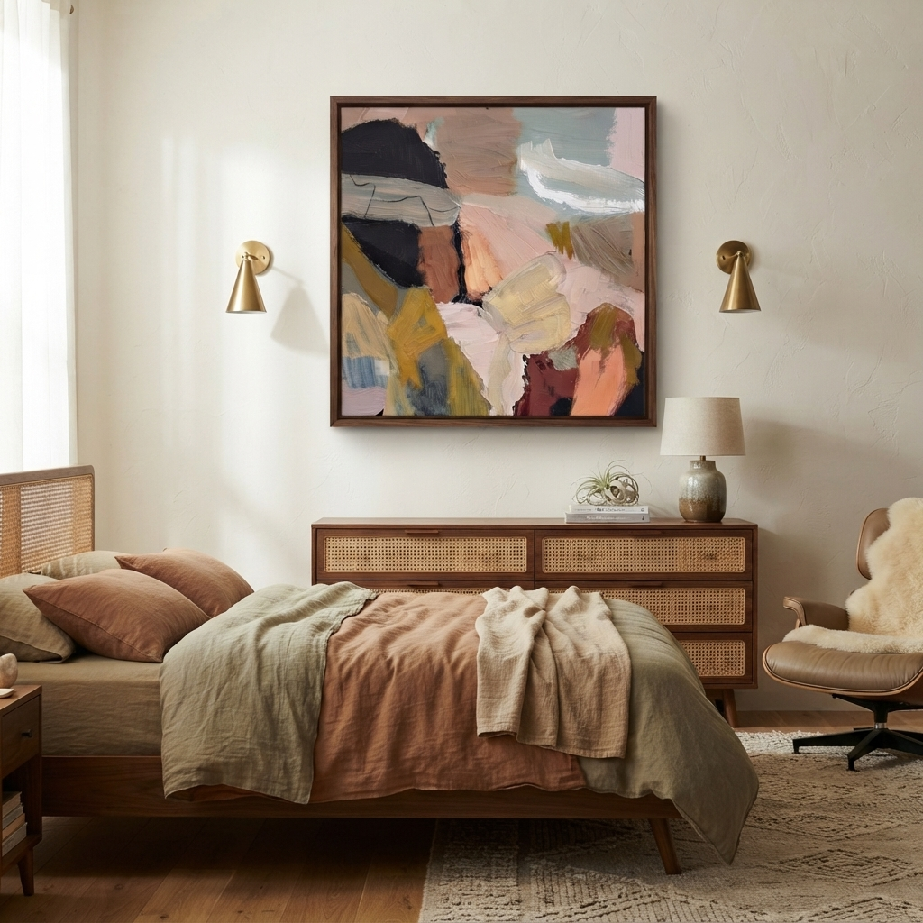 An Abstract expressionism for sale, handmade impasto abstract painting, large textured abstract canvas art, earthy neutral abstract wall art with earthy tones hangs on a beige wall above a wooden bed in a styled bedroom. The artwork features layered brushstrokes in pink, beige, brown, gray, and muted blue, surrounded by matching neutral bedding, a rattan dresser, wall sconces, and a chair. by Noho Art Gallery