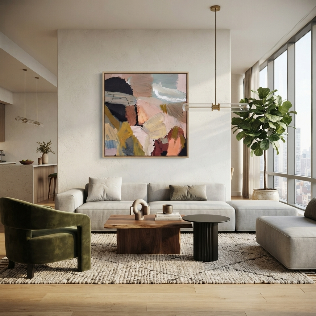 A modern living room with a  Large textured abstract canvas art, original abstract oil painting, contemporary brown and cream abstract wall art, minimalist textured oil painting on a textured white wall above a light gray sofa. The painting features broad brushstrokes in black, pink, beige, blue, and yellow.