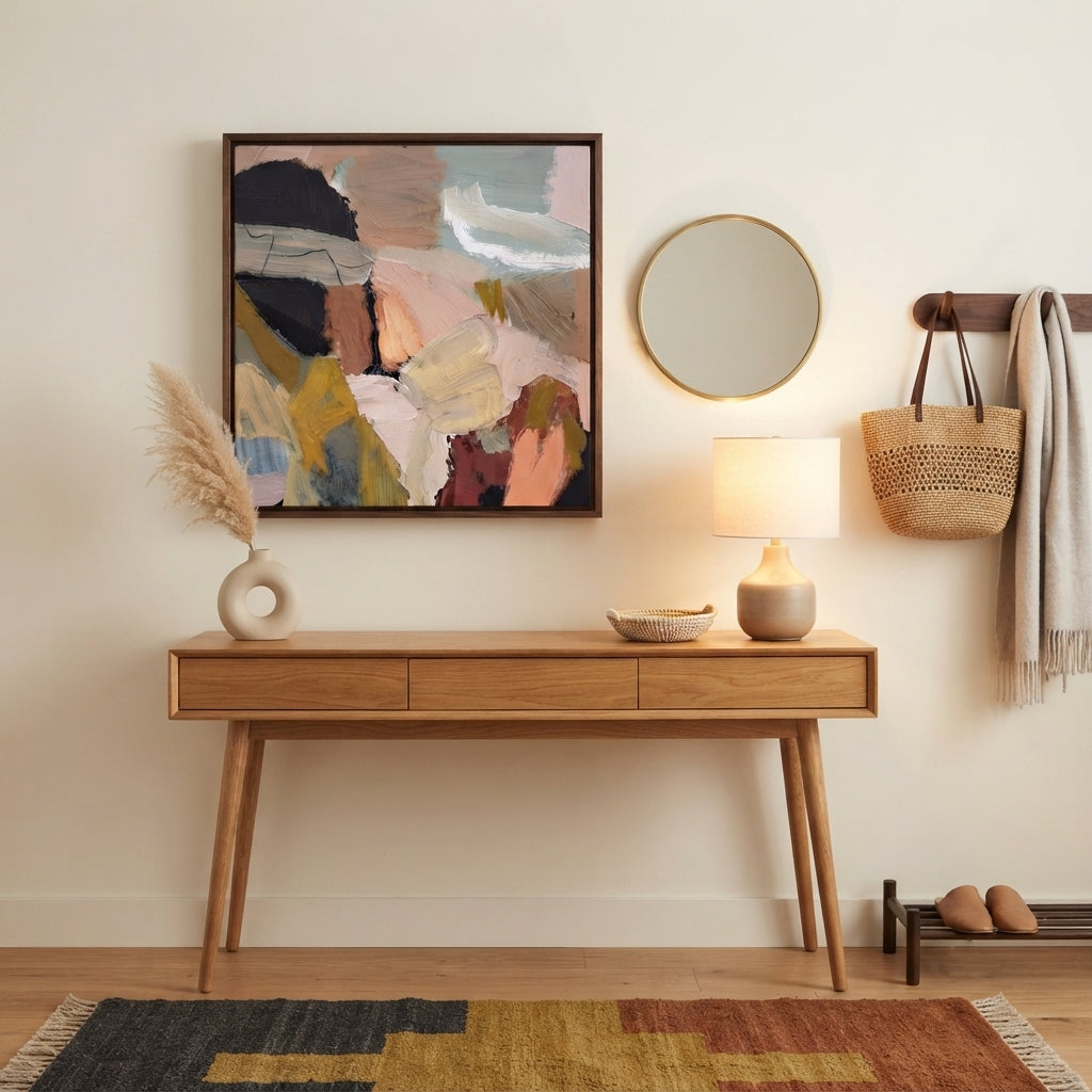 Framed minimalist textured oil painting, original abstract oil painting, handmade impasto abstract painting, contemporary brown and cream abstract wall art hangs on a cream wall above a mid-century modern wooden console table. The room is styled with a round gold-rimmed mirror, a lit table lamp, a woven basket bag, a draped throw blanket, and a patterned rug on a light wood floor by Noho Art Galler.