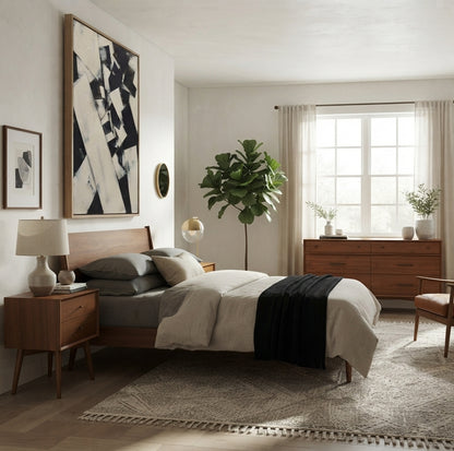 A mid-century modern bedroom featuring a wooden platform bed with neutral beige and gray bedding, a black throw blanket, a matching wooden nightstand, and a large Original black and white abstract painting created as contemporary minimalist abstract art by Noho Art Gallery on the wall.
