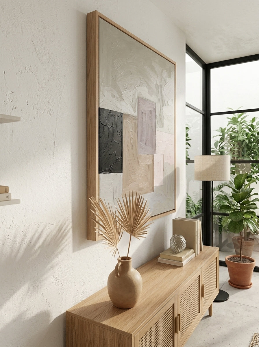 A large framed abstract wall art print with a light wood frame hangs on a textured white wall above a wooden console table in a bright, modern room with plants and a window.