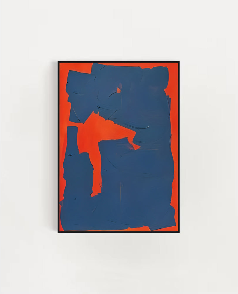 Abstract art piece with blue and orange shapes on a white background