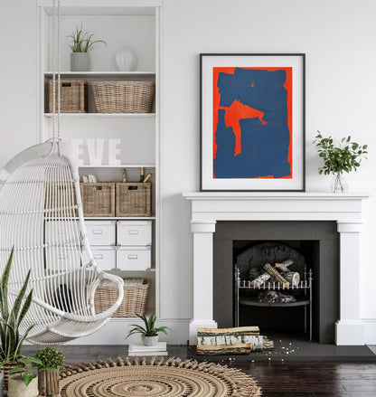 Modern living room with a fireplace, hanging chair, and abstract art on the wall.