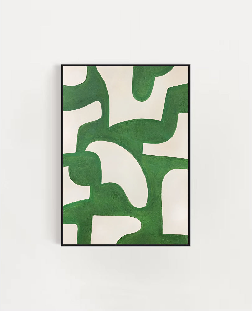 Abstract art print with green and white shapes on a light gray background