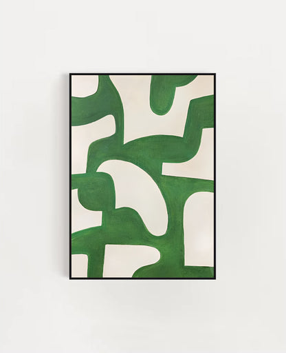 Abstract art print with green and white shapes on a light gray background