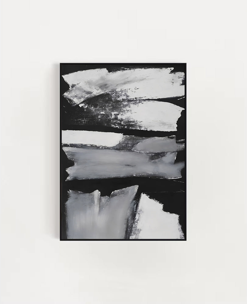 Abstract black and white painting in a black frame on a light gray background