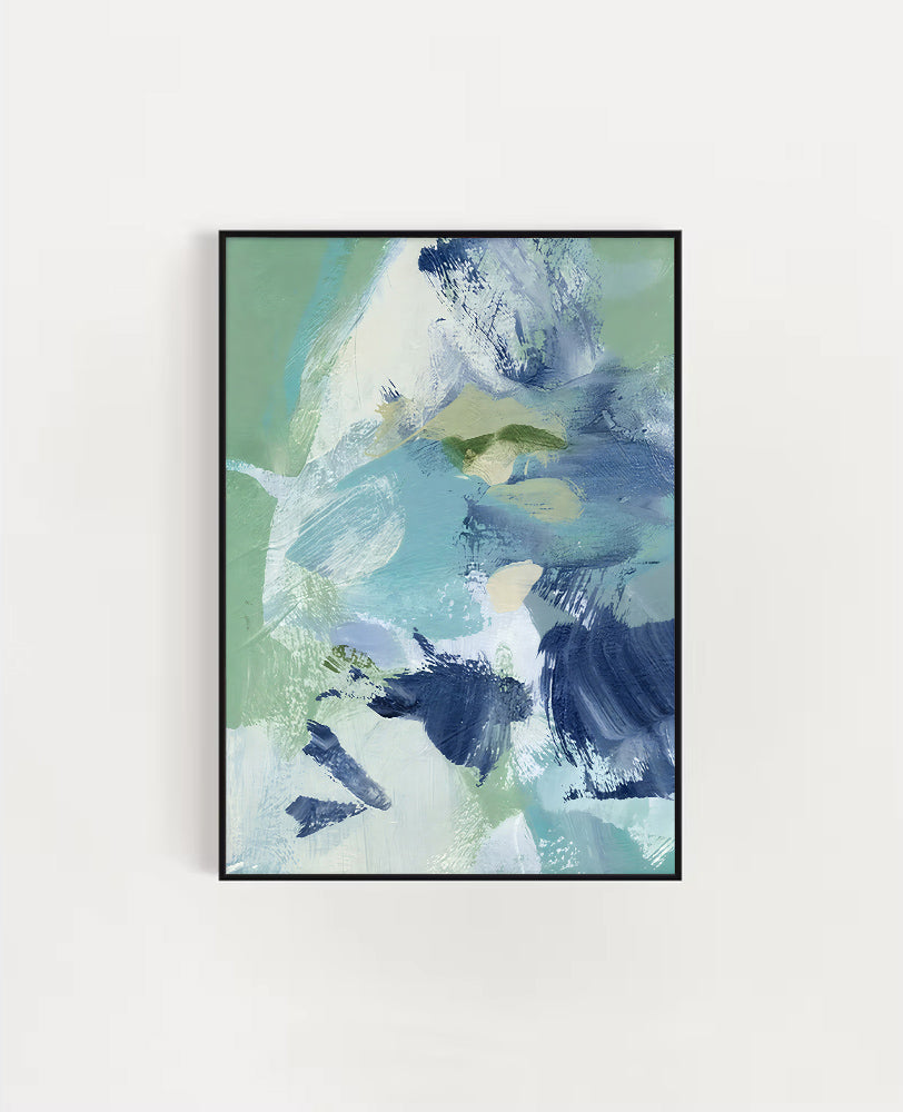 Abstract art print with blue and green colors on a light gray background
