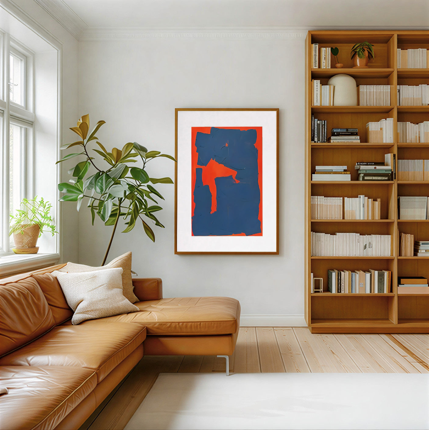 Modern living room with a brown sectional sofa, bookshelf, and abstract art.