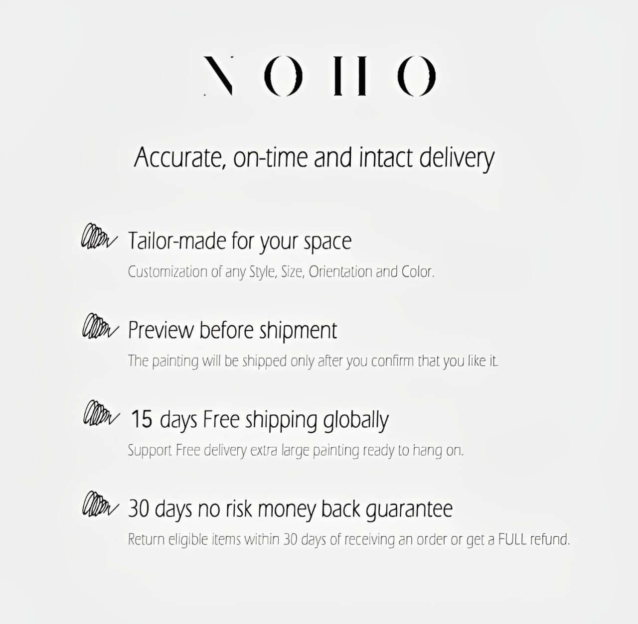 Promotional text about accurate, on-time, and intact delivery with customization options on a white background.