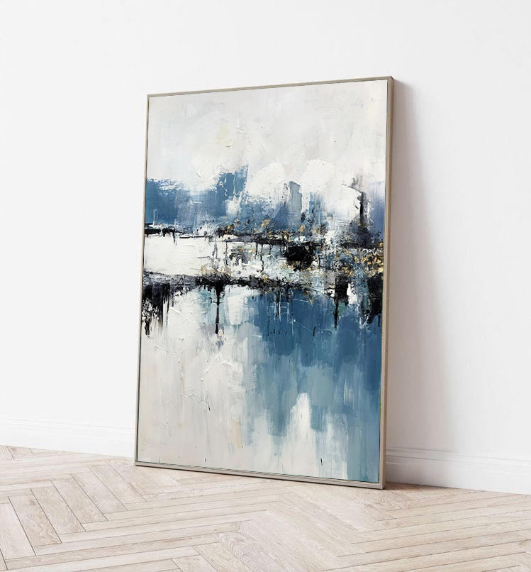 white and blue abstract painting, acrylic painting blue white black for sale, Noho Art Gallery