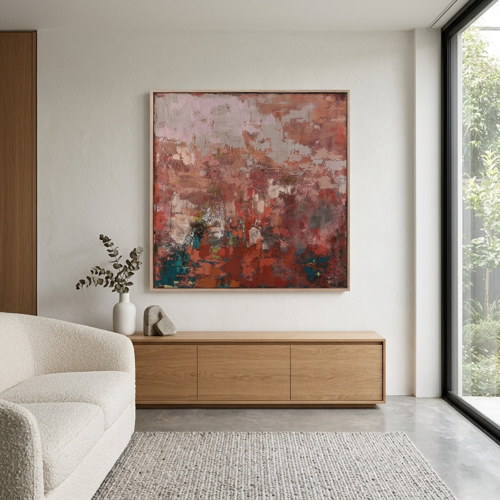 Modern living room with a Red Abstract Acrylic Painting on the wall, wooden cabinet, and white sofa.