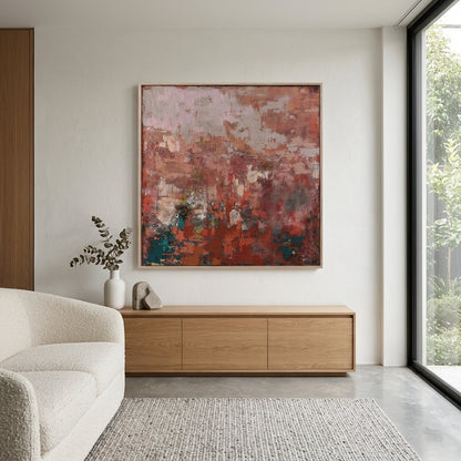 Modern living room with a Red Abstract Acrylic Painting on the wall, wooden cabinet, and white sofa.